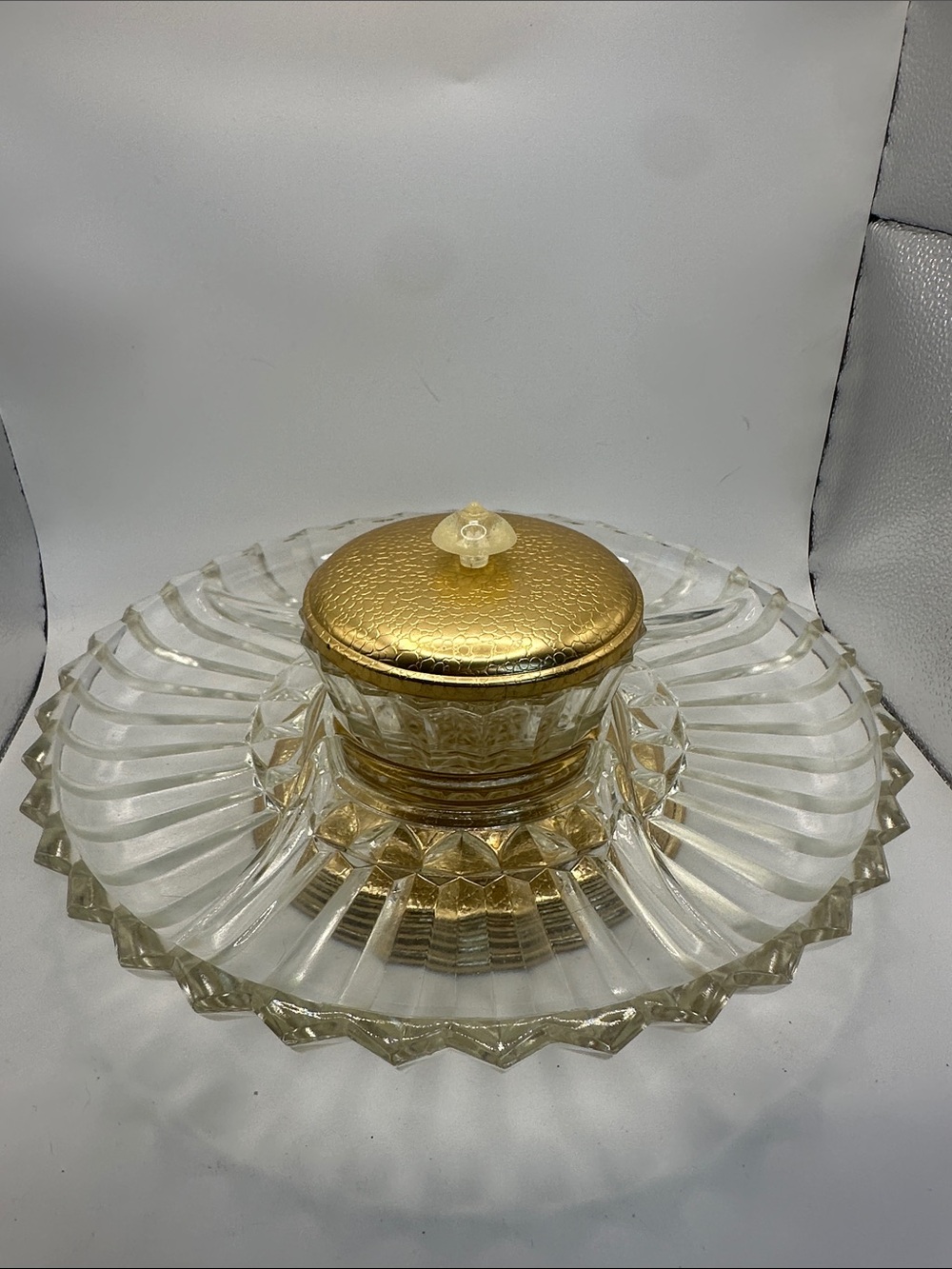 Vintage Clear Glass Serving Dish with Gold-Tone Lid.
